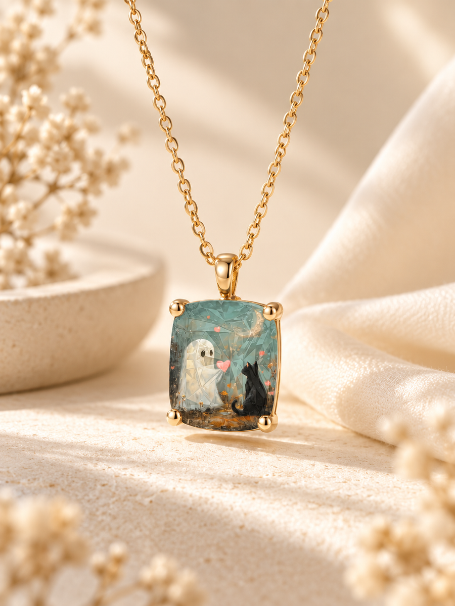 Ghost & Cat Square Necklace
